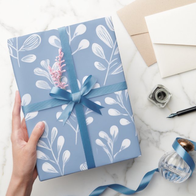 Papel De Regalo Scandinavian Soft Blue Leaf White Floral Pattern (Regalar)