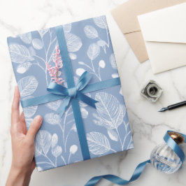 Papel De Regalo Scandinavian Soft Blue Leaf White Floral Pattern