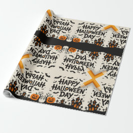 Papel De Regalo Scary Cute Pumpkins, Ghosts & Spider Web Design