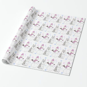 Papel De Regalo Schnauzer miniatura y muñeco de nieve