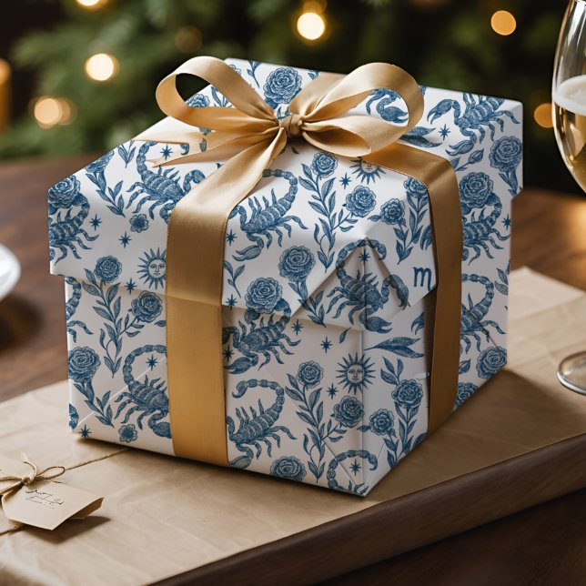 Papel De Regalo Scorpio Zodiac Intricate Celestial Blue Floral (Scorpio Zodiac toile wrap with Delft blue scorpions, florals & celestial charm.)