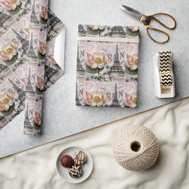 Papel De Regalo scripts french botanical lotus paris eiffel tower (Artesanía)