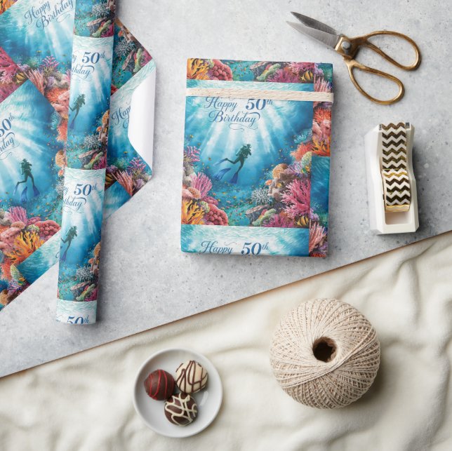 Papel De Regalo Scuba 50th birthday underwater birthday card  (Artesanía)