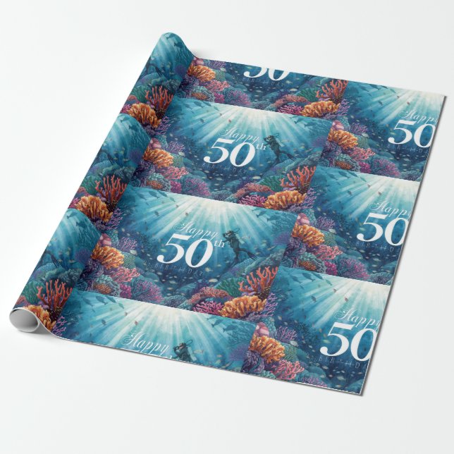 Papel De Regalo Scuba 50th birthday underwater birthday card  (Desenrollado)
