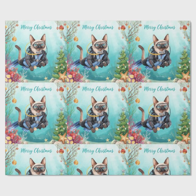 Papel De Regalo Scuba Cat Underwater Holiday  Merry Christmas  (Superficie plana)
