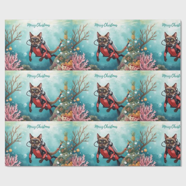 Papel De Regalo Scuba Cat Underwater Holiday  Merry Christmas  (Superficie plana)