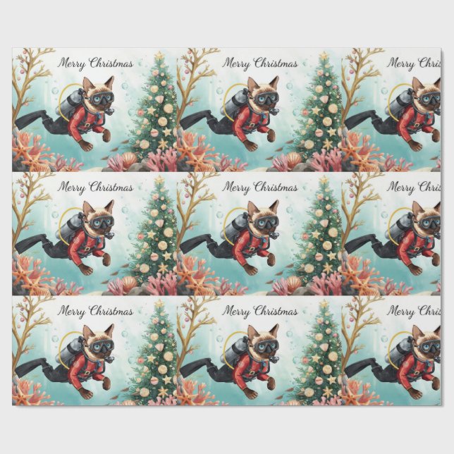 Papel De Regalo Scuba Cat Underwater Holiday  Merry Christmas  (Superficie plana)