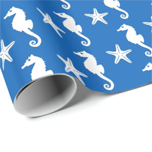 Papel De Regalo Seahorse y estrellas de mar - blanco en azul de