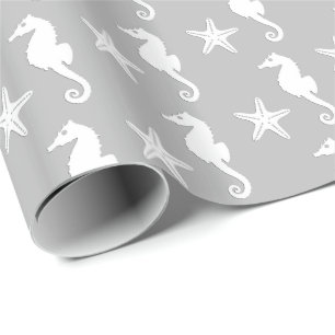 Papel De Regalo Seahorse y estrellas de mar - blanco en el gris de