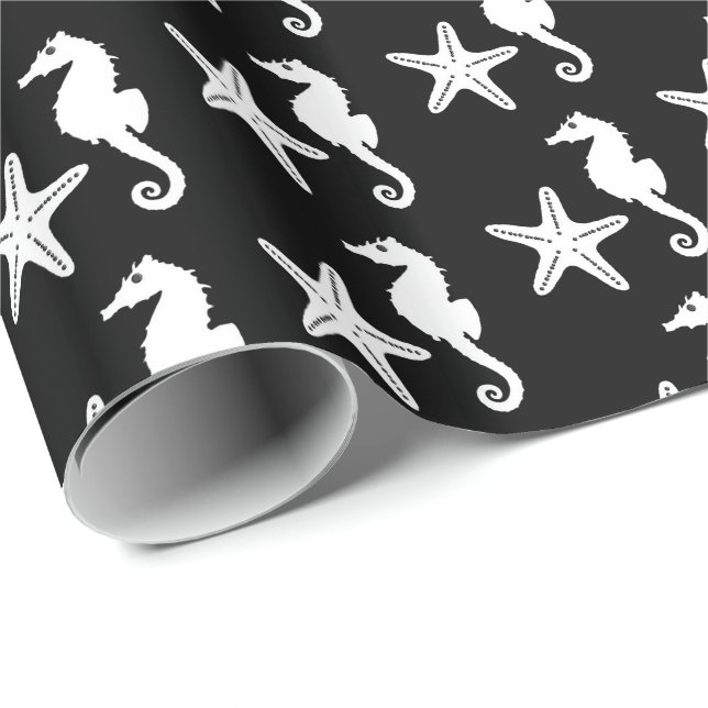 Papel De Regalo Seahorse y estrellas de mar - blanco en negro (Esquina del rollo)