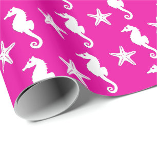 Papel De Regalo Seahorse y estrellas de mar - blanco en rosa