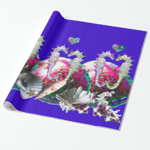 PAPEL DE REGALO SEAHORSES EN AMOR, MADRE AZUL VERDE AZULADA ROSA D