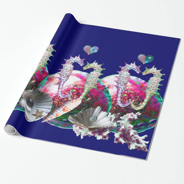 PAPEL DE REGALO SEAHORSES EN AMOR, MADRE AZUL VERDE AZULADA ROSA D (Desenrollado)