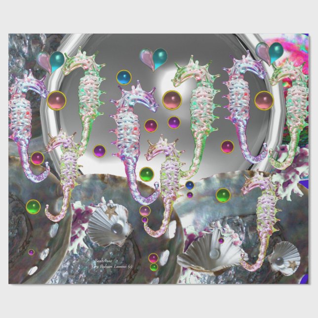 PAPEL DE REGALO SEAHORSES EN AMOR, MADRE AZUL VERDE AZULADA ROSA D (Superficie plana)