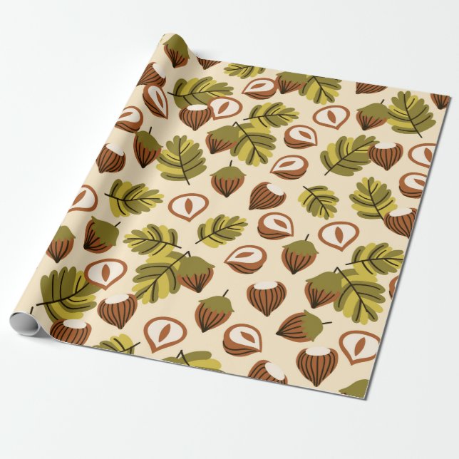 Papel De Regalo Seamless pattern with hazelnut leaves and acorns. (Desenrollado)