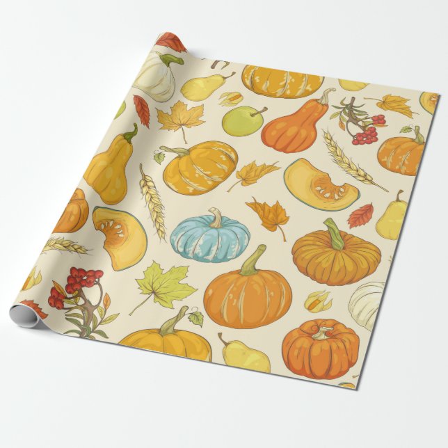 Papel De Regalo Seamless pattern with pumpkins, autumn leaves, app (Desenrollado)