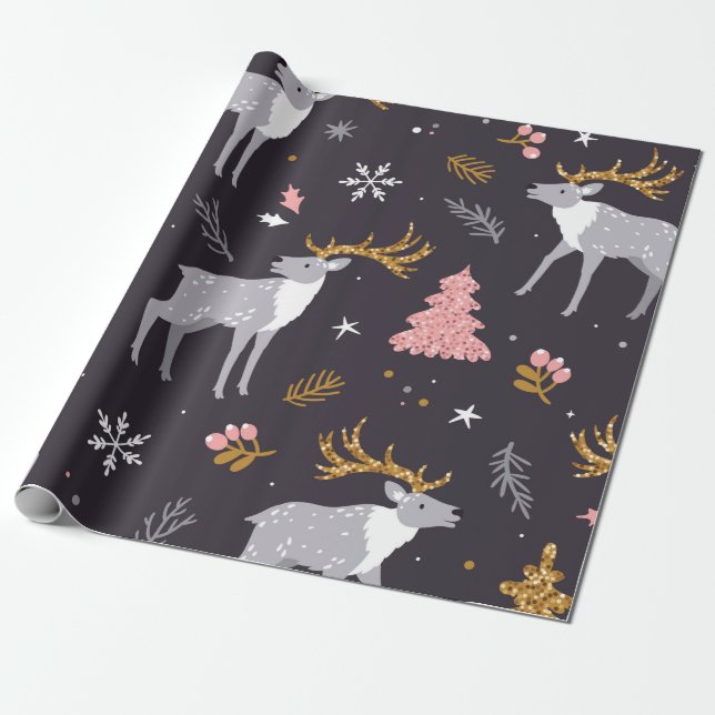 Papel De Regalo  seamless pattern with reindeer, fir trees and sno (Desenrollado)