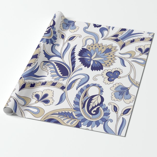 Papel De Regalo Seamless traditional Indian blue paisley patternpa (Desenrollado)