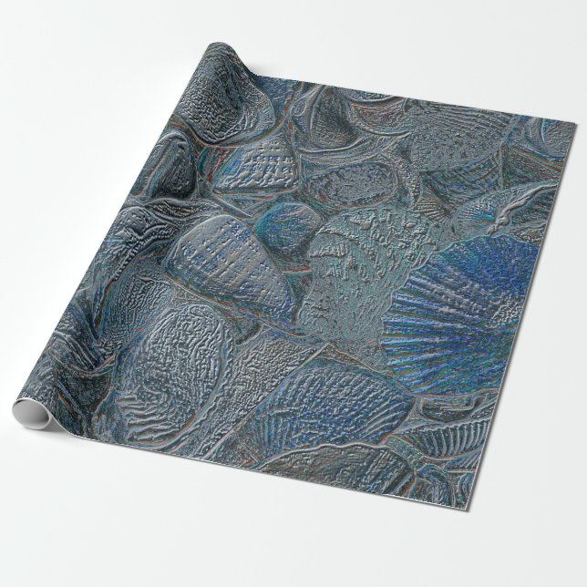 Papel De Regalo Seashells Ocean Beach Blue Metallage Decoupage (Desenrollado)
