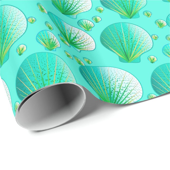 Papel De Regalo Seashells verdes de Seafoam en la aguamarina (Esquina del rollo)