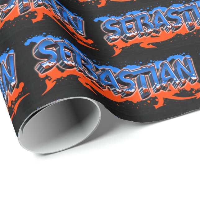 Papel De Regalo Sebastian Vorname Name Graffiti blue orange (Esquina del rollo)