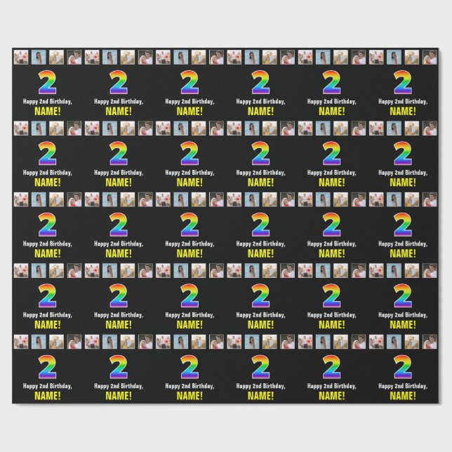 Papel De Regalo Segundo cumpleaños: Arcoiris "2"; fotos y nombre d (Superficie plana)