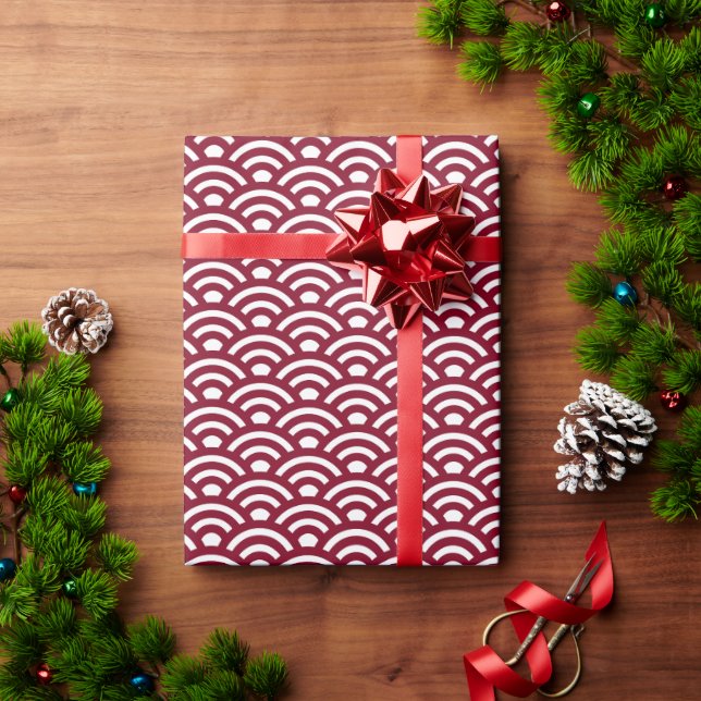 Papel De Regalo Seigaiha, olas, japonés, burdeos y blanco (Regalo de vacaciones)