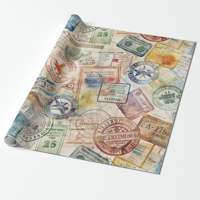 Papel De Regalo Sello de Pasaporte Rústico Patrón de Viaje (6) (Desenrollado)