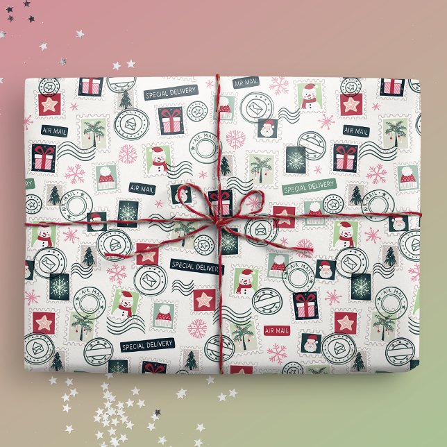 Papel De Regalo Sellos de correo de Navidades ilustrados (Gift Mockup)