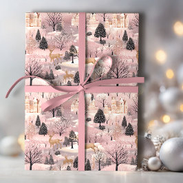 Papel De Regalo Selva de ciervos rosados con nieve