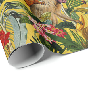 Papel De Regalo Selva de mono tropical vintage - patrón amarillo