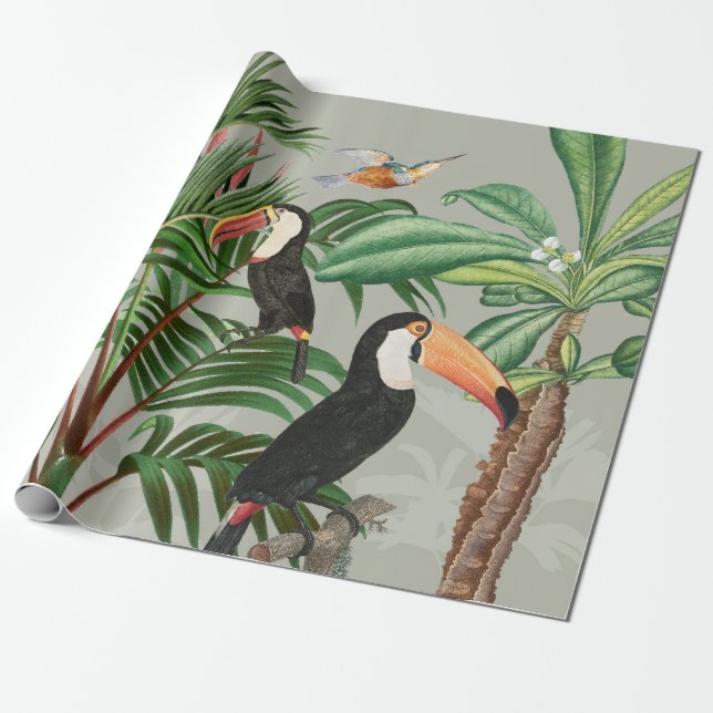 Papel De Regalo Selva tropical acuática y aves turcas (Desenrollado)