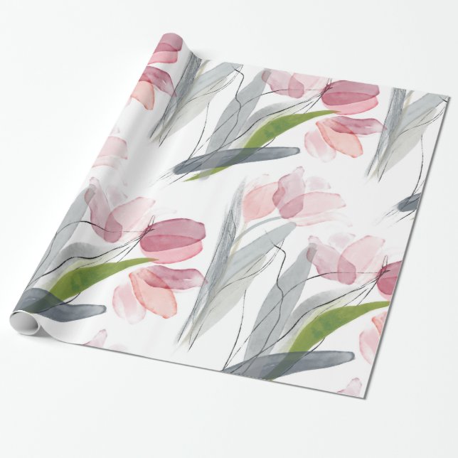 Papel De Regalo Sencilla acuarela Tulipanes de primavera rosada Ve (Desenrollado)