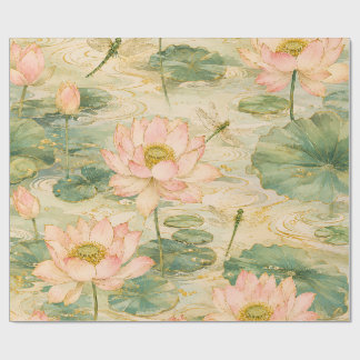 Papel De Regalo Serenas Flores de Loto y Libélulas Botánica Japone