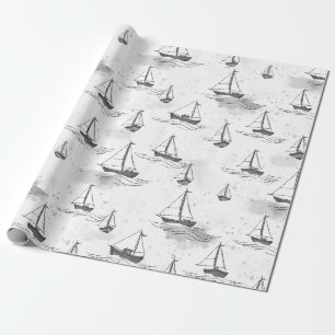 Papel De Regalo Serene barco de vela blanco negro con patrón marin