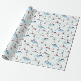 Papel De Regalo Serene Blue Red Sailing Bots on Sea Pattern