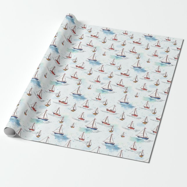 Papel De Regalo Serene Blue Red Sailing Bots on Sea Pattern (Desenrollado)