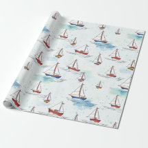Serene Blue Red Sailing Bots on Sea Pattern