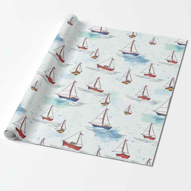 Papel De Regalo Serene Blue Red Sailing Bots on Sea Pattern (Desenrollado)