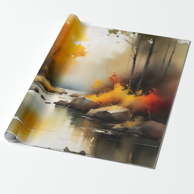 Papel De Regalo Serene vibrante pintura del paisaje del río Otoño (Desenrollado)