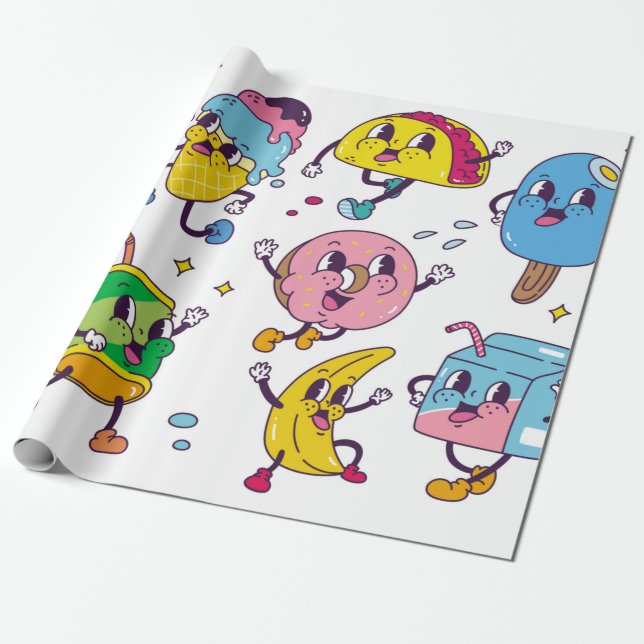 Papel De Regalo Set de comida y bebida en ilusiones de estilo retr (Desenrollado)