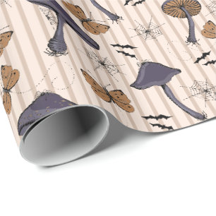 Papel De Regalo Seta y mariposa de Halloween a rayas beige