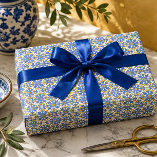 Papel De Regalo Seville Baroque Blue Golden Scrollwork Mediterrane
