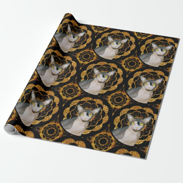 Papel De Regalo Sfinx Cat Ninja Black and Gold Retro Style (Desenrollado)