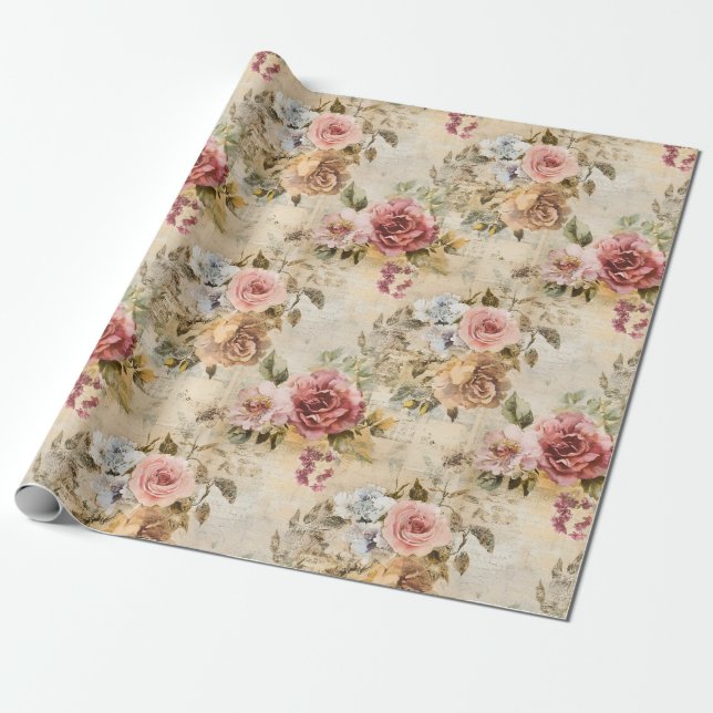 Papel De Regalo Shabby Chic Floral en Beige (Desenrollado)