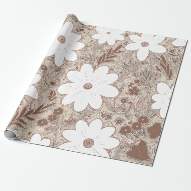 Papel De Regalo Shabby Chic Natural Tan Retro Daisy Patterned (Desenrollado)