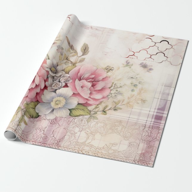 Papel De Regalo Shabby Chic Navidades con problemas Floral Tartán (Desenrollado)
