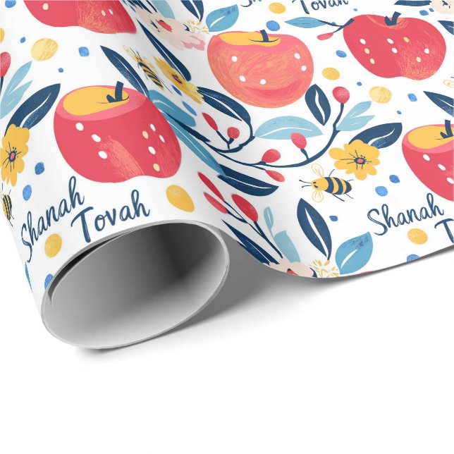 Papel De Regalo Shana Tova con manzanas y abejas (Esquina del rollo)