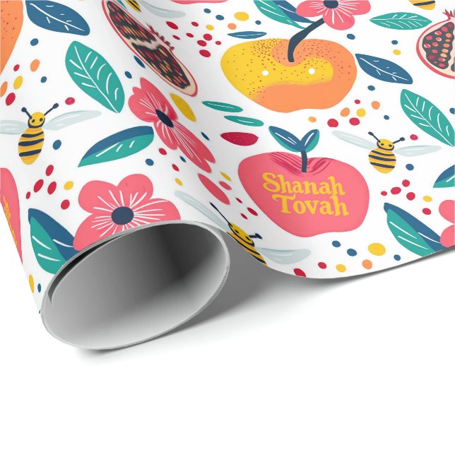 Papel De Regalo Shana Tova con manzanas y abejas (Esquina del rollo)