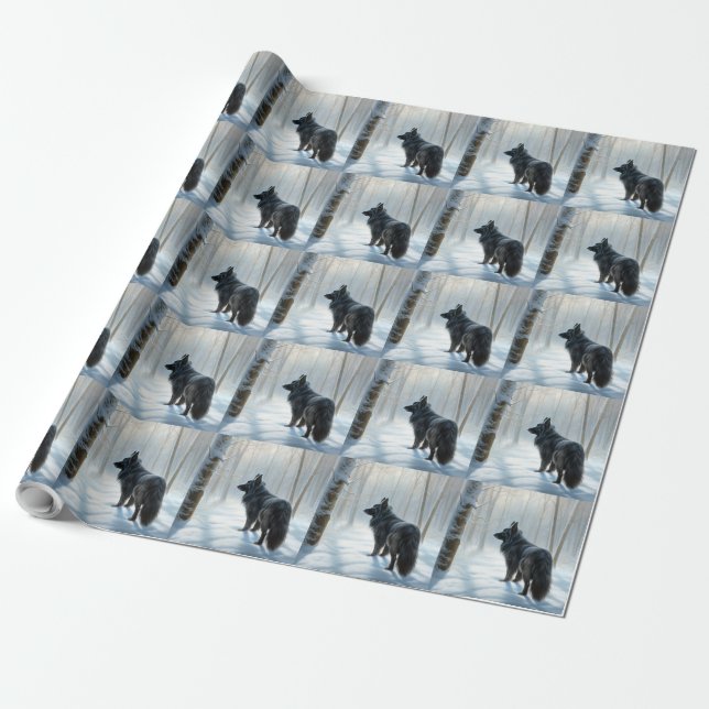 Papel De Regalo Sheepdog belga deja que nieva a Navidades (Desenrollado)